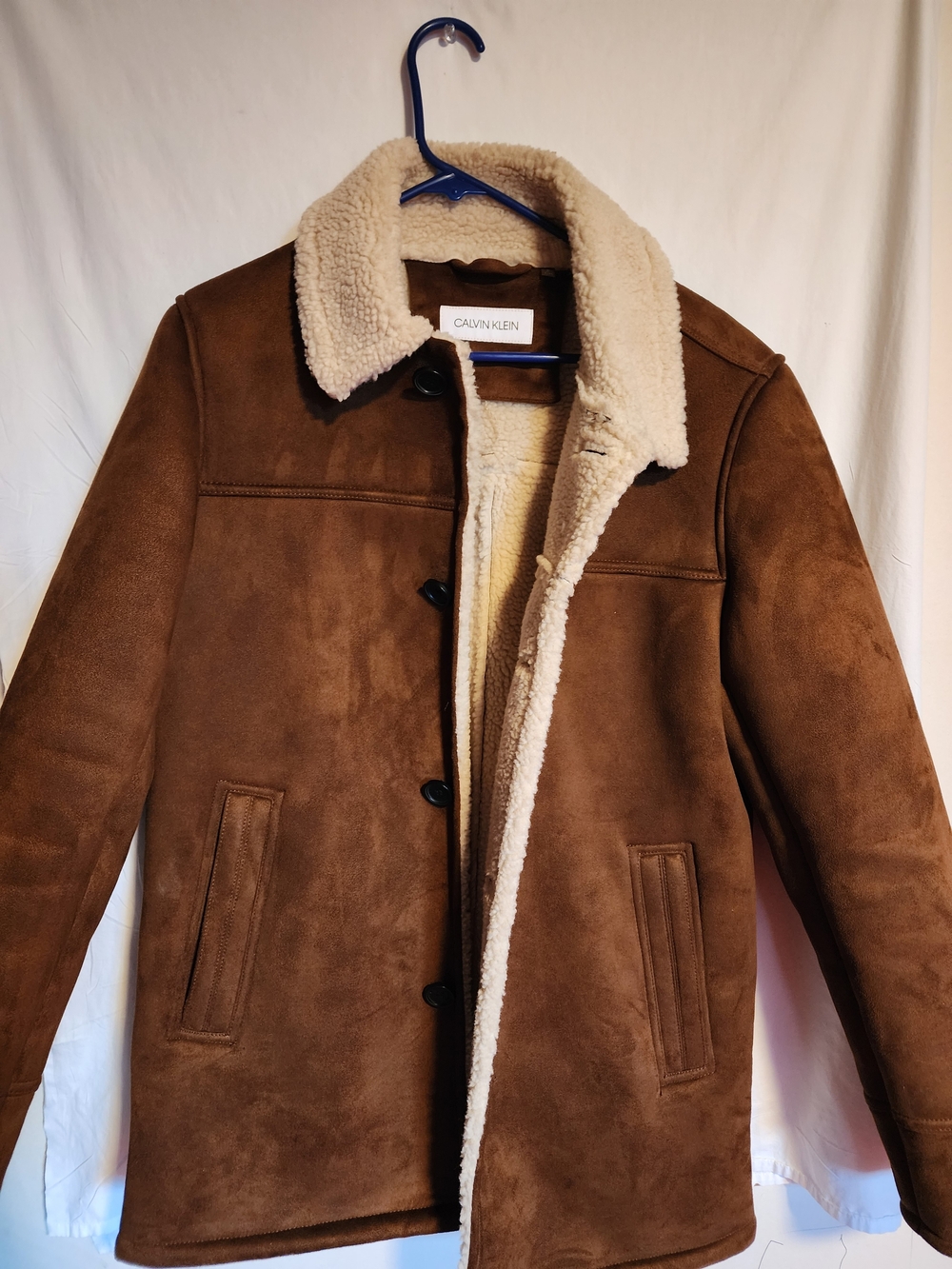 Calvin Klein Brown Suede Bomber Jacket with Cream Shearling